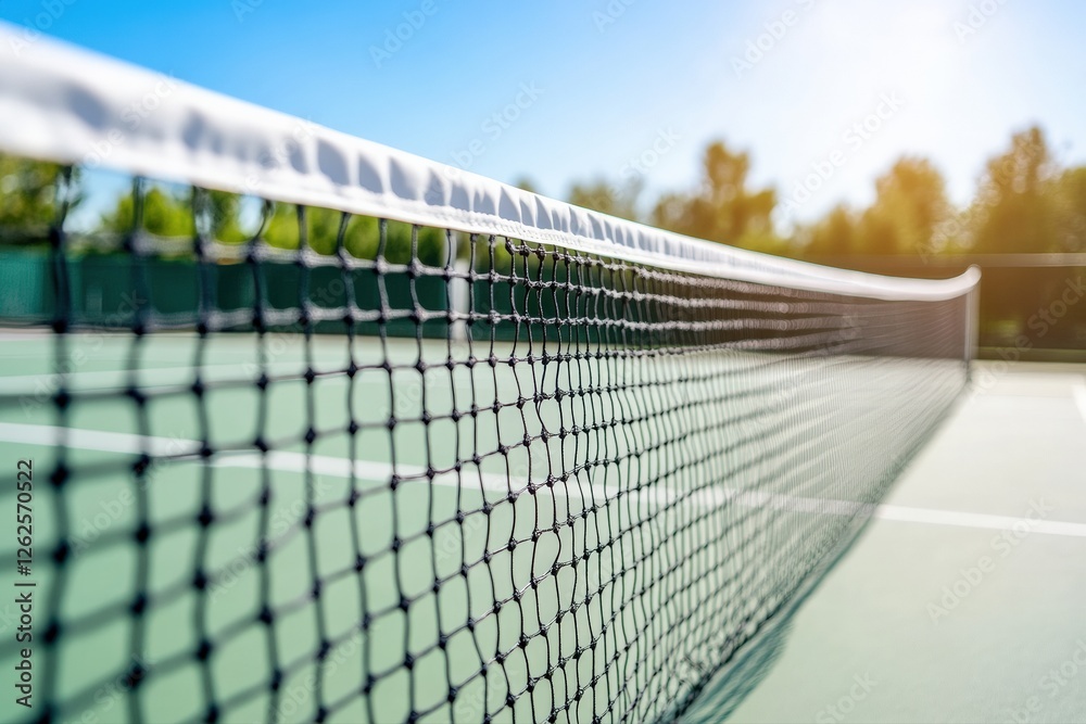 Pickleball Net Stands Ready, Court Awaits Players Under Sunny Blue Skies Pickleball Net Stands Ready, Court Awaits Players Under Sunny Blue Skies
