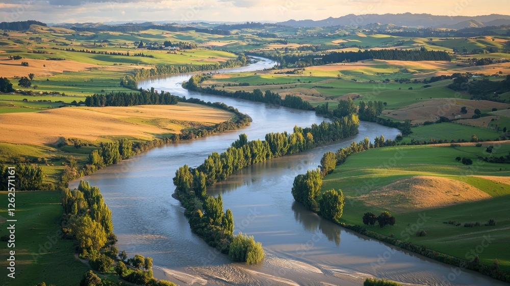 Naklejka premium Serene river winding through golden farmland at sunset. Aerial view. Possible use Nature background