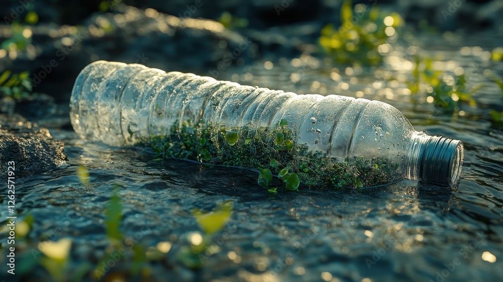 Fototapeta premium A plastic bottle surrounded by greenery, partially submerged in water, highlighting pollution and nature's resilience.