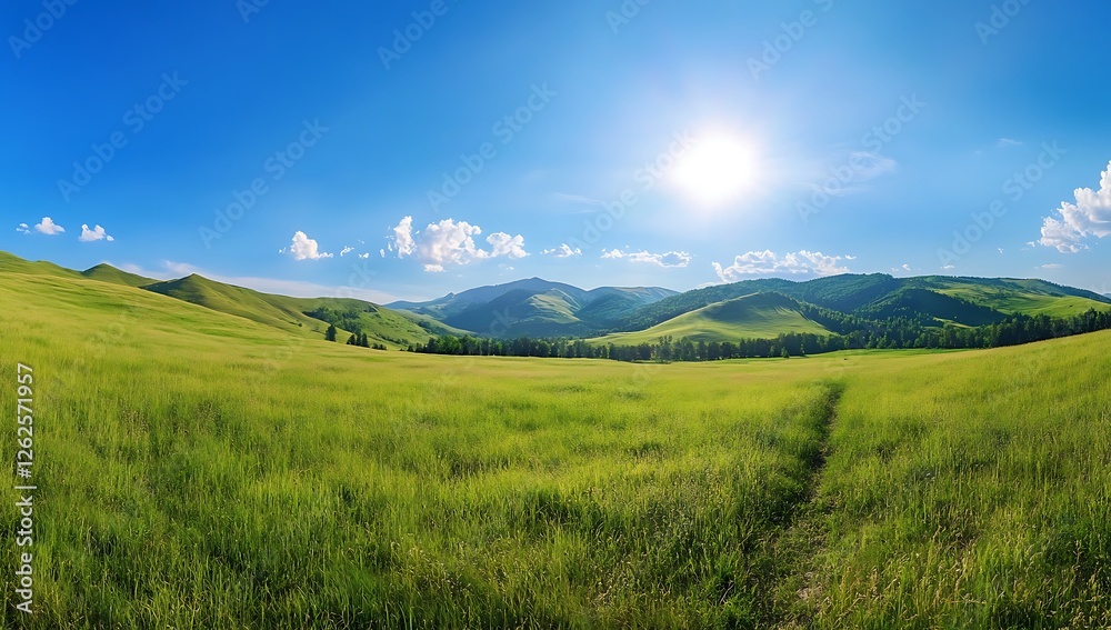 Vast Green Expanse A panoramic view of a lush green landscape with rolling hills and a bright blue sky dotted with fluffy white clouds creating a sense of peace and tranquility Vast Green Expanse A panoramic view of a lush green landscape with rolling hills and a bright blue sky dotted with fluffy white clouds creating a sense of peace and tranquility