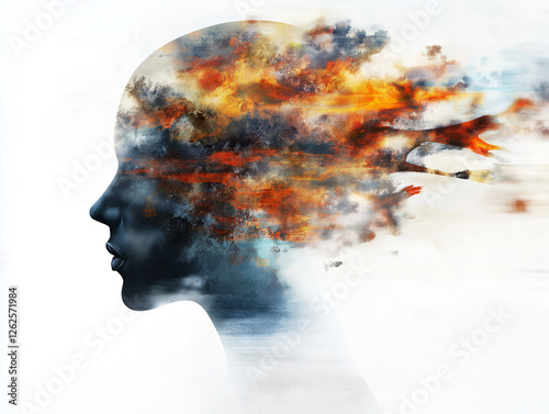 A surreal abstract profile of a human head dissolving into a storm of colors, symbolizing emotions, thoughts, and creativity