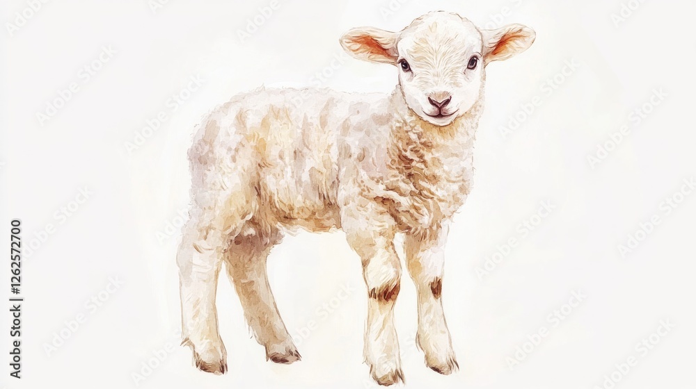 Fototapeta premium Cute lamb, spring pasture, white background, farm animal