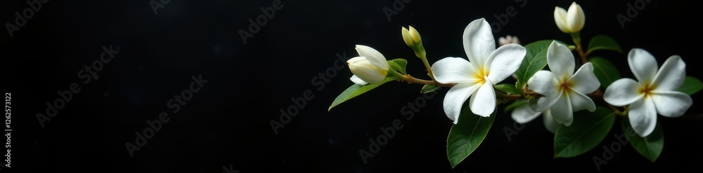 Fototapeta premium Clusters of jasmine flowers, stark white against a matte black backdrop , monochrome, flower, blossom