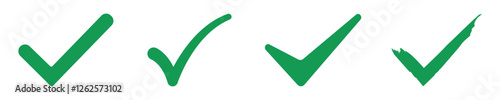 Green chek icon set. Sign ok and confirm, hand drawn check list, set of different design on white background.
