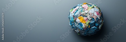 A spherical Earth sculpture made of crumpled colored paper, symbolizing environmental issues and global sustainability photo