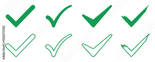 Check mark, green check mark right icons button set. EPS 10, Vector illustration isolated on white background. 