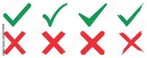 Check mark icon set. right and wrong buttons and yes or no checkmark icons in green tick box and red cross. Vector illustration isolated on white background. 
