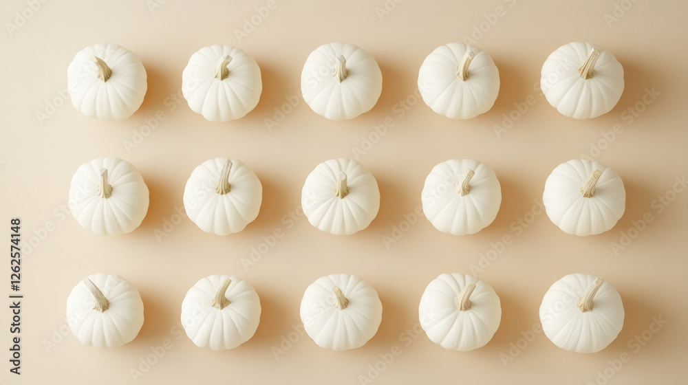 Fototapeta premium Minimalist setup of white pumpkins arranged symmetrically on light background, creating serene and elegant autumn display