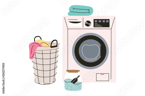 Vector illustration of washing machine and glass jar with detergent, and laundry basket with colorful clothes. Simple, cartoonish, and flat composition of home cleaning, and household chores