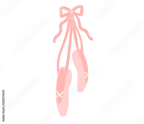 Ballet flats female pink pointe shoes on silk ribbon with bow icon. Ballerina accessory. Theatre Day stickers. Flat Vector illustration isolated on white background