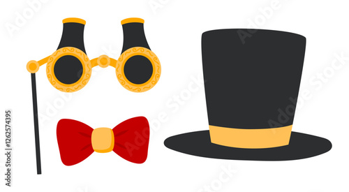 Theater accessories icon. Classic theater glasses, top hat, bow sign. Gentleman Opera attribute. Aristocratic symbol. Theatre Day stickers. Flat Vector illustration. Flat Vector illustration 
