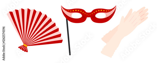 Theater accessories icon. Classic Carnival or ball mask, gloves, hand fan sign. Lady Opera attribute. Aristocratic symbol. Theatre Day stickers. Flat Vector illustration isolated on white background