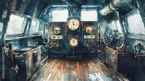 Vintage Ships Engine Room as Watercolor Painting: Detailed Maritime Depiction