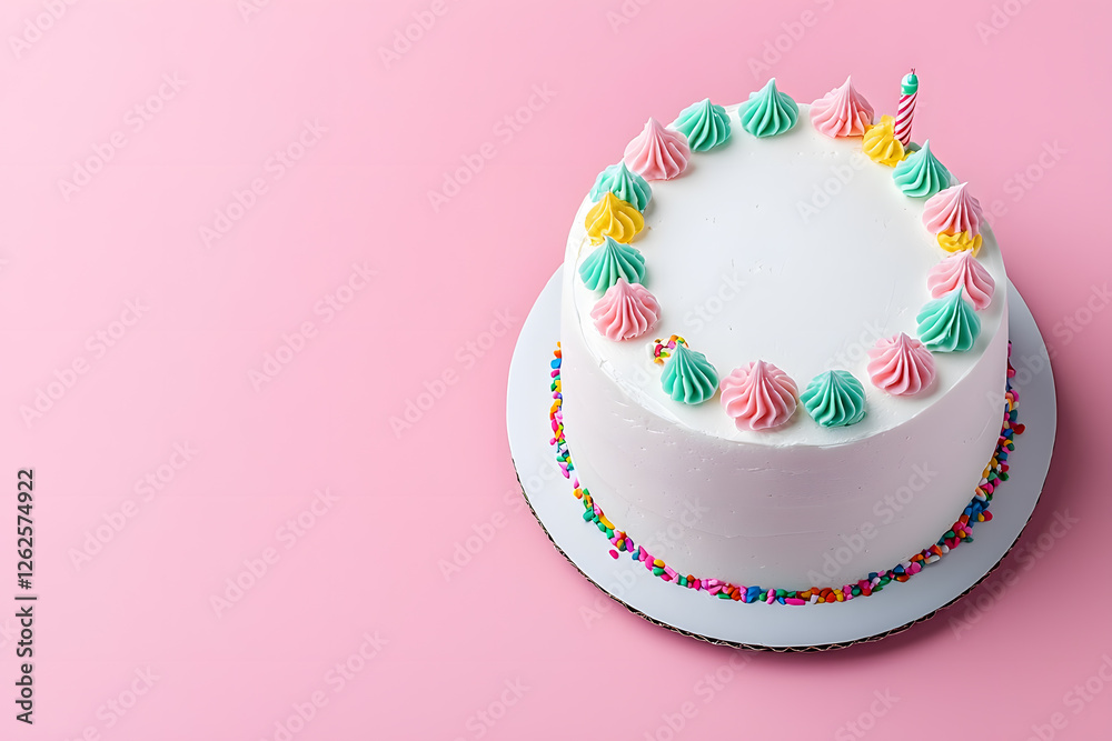 White round birthday cake isolated on light pastel background, with copy space for text White round birthday cake isolated on light pastel background, with copy space for text