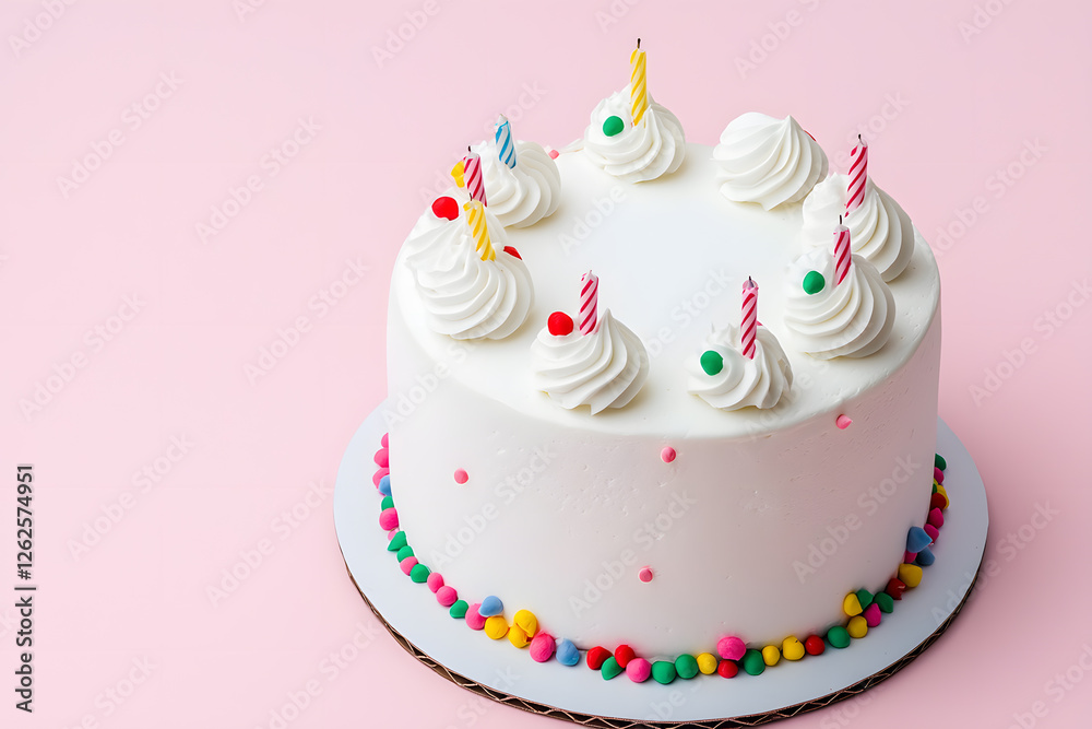 White round birthday cake isolated on light pastel background, with copy space for text White round birthday cake isolated on light pastel background, with copy space for text