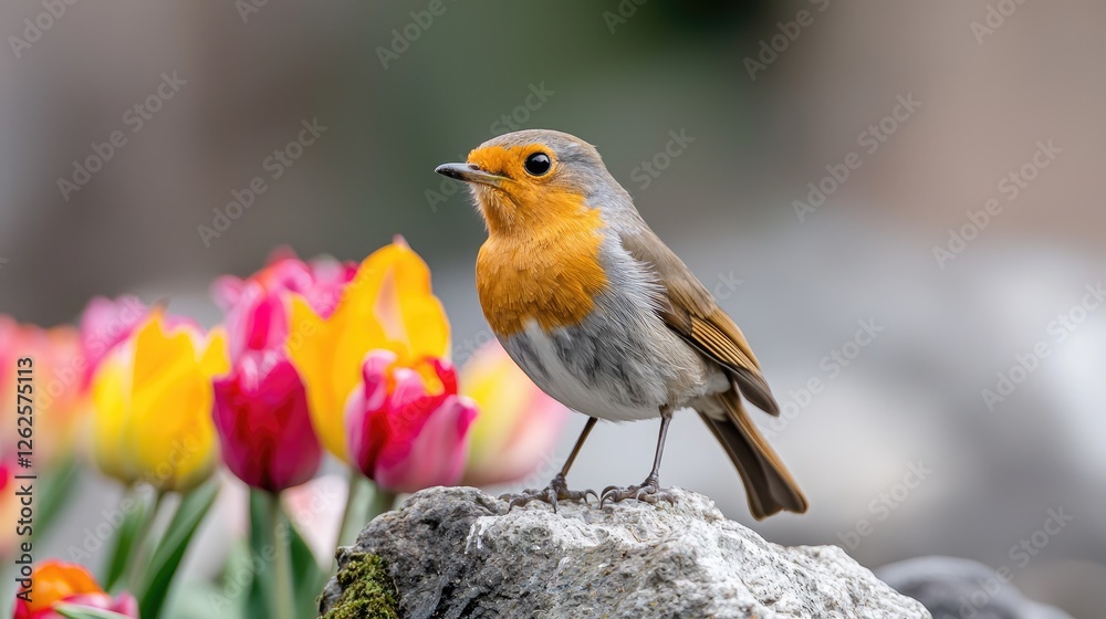 Robin perched on rock, tulips background, spring garden Robin perched on rock, tulips background, spring garden
