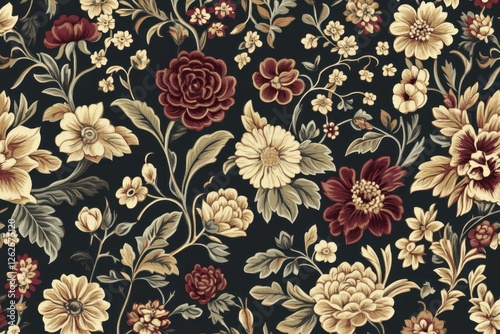 Elegant floral pattern with dark backdrop and muted hues