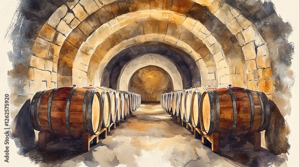 Artistic Watercolor Depiction of a Serene Wine Cellar with Rows of Oak Barrels Artistic Watercolor Depiction of a Serene Wine Cellar with Rows of Oak Barrels