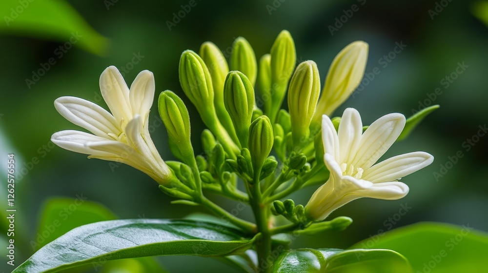 A close-up of delicate white flowers and buds set against a green background, showcasing nature's beauty, This image can enhance designs for gardening, wellness, or floral-themed projects, A close-up of delicate white flowers and buds set against a green background, showcasing nature's beauty, This image can enhance designs for gardening, wellness, or floral-themed projects,