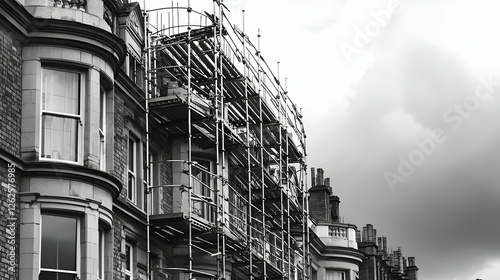 Wallpaper Mural Urban building renovation, scaffolding on a row of houses, cloudy sky, architectural restoration project, for construction industry Torontodigital.ca