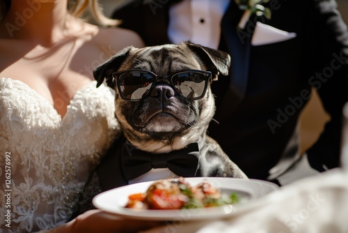 Pug dog wearing sunglasses and bow tie sits on lap of elegant bride at her wedding, holding plate of food. The groom is visible near them. Pet in wedding and funny dog concept.