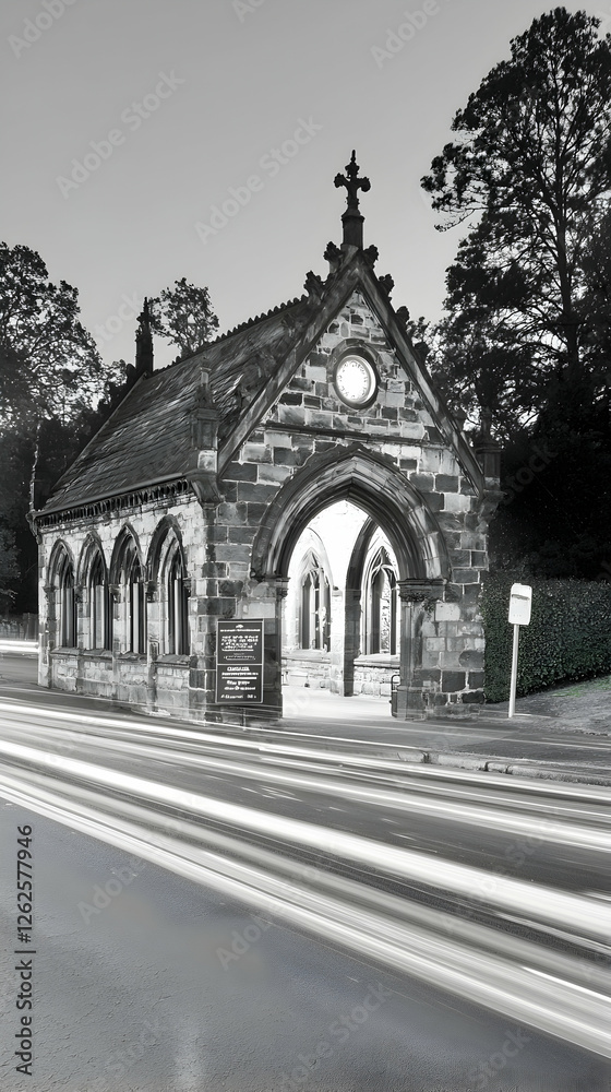 Gothic chapel roadside night traffic blur, cemetery background, peaceful atmosphere, travel photo Gothic chapel roadside night traffic blur, cemetery background, peaceful atmosphere, travel photo