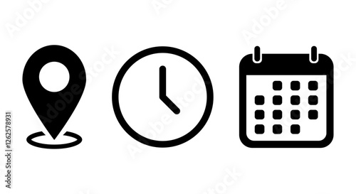 Time, date and address icon set. Calendar, clock, location. Editable stroke. Linear vector outline illustration. Vector illustration.