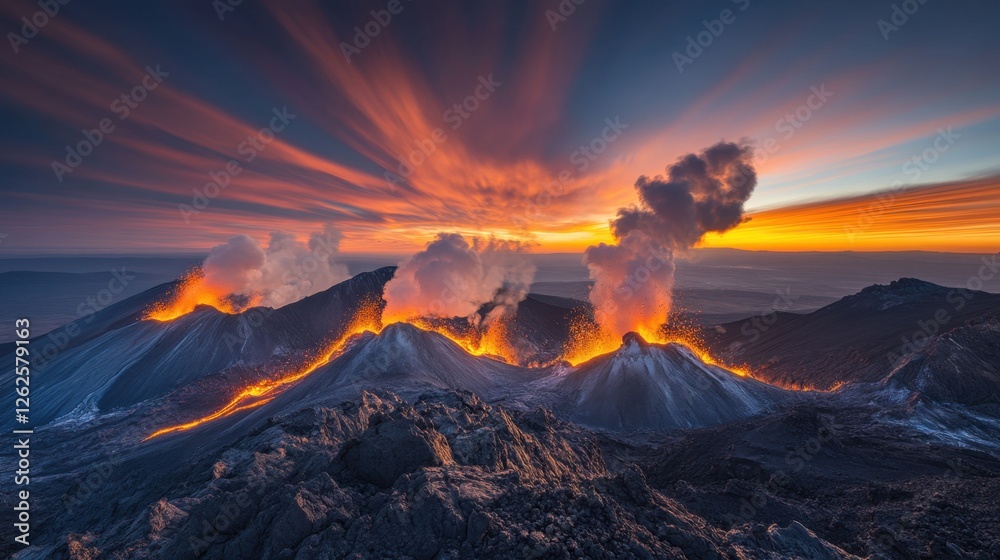 Fototapeta premium A dramatic volcanic landscape with steam rising from geothermal vents.