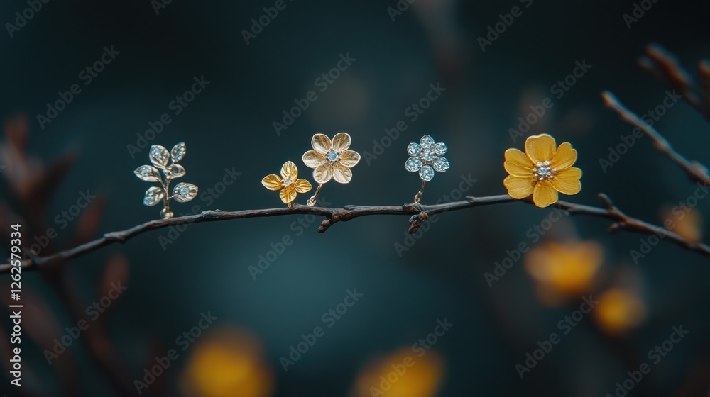 Delicate gold and diamond flower earrings on a branch, nature background Delicate gold and diamond flower earrings on a branch, nature background