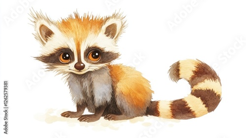 Cute raccoon sitting, watercolor style, white background, children's book illustration photo