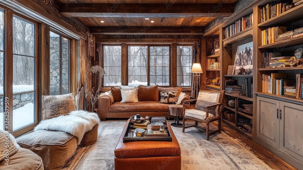 Naklejka premium A cozy rustic living room interior with snowy winter views
