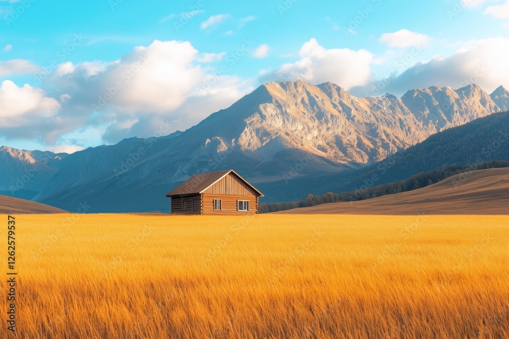 Solitary rural home nestled within an expansive golden meadow with stunning mountains in the background Solitary rural home nestled within an expansive golden meadow with stunning mountains in the background