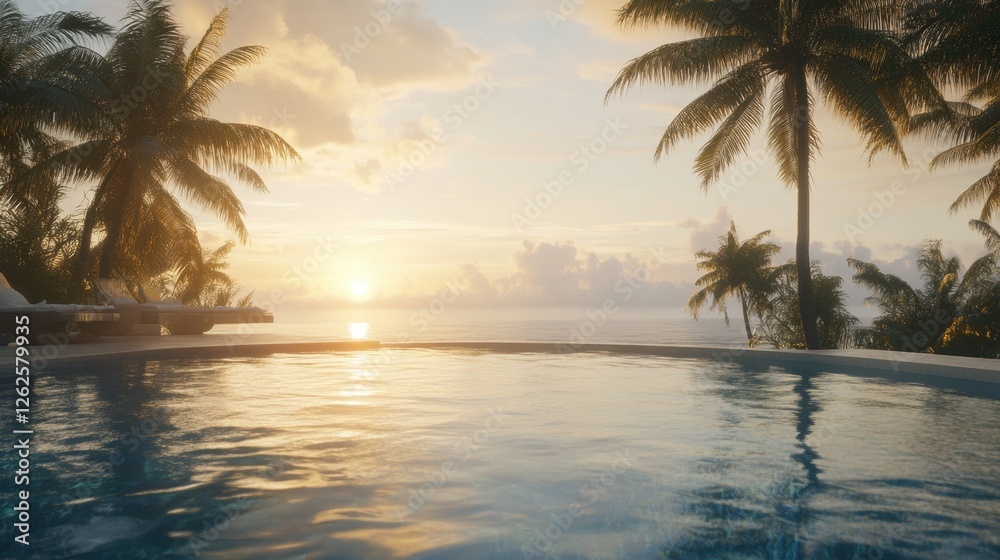 A luxurious infinity pool overlooking a peaceful ocean at sunset. A luxurious infinity pool overlooking a peaceful ocean at sunset.
