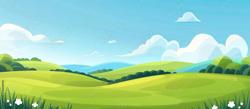Abstract summer hilly landscape with meadows, plants, blue sky and clouds sunlight smooth weather springtime Abstract summer hilly landscape with meadows, plants, blue sky and clouds sunlight smooth weather springtime