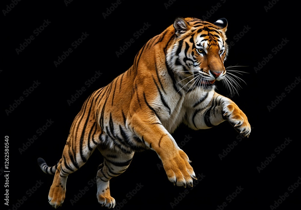 Fototapeta premium Powerful Tiger in Mid-Leap Against a Black Background