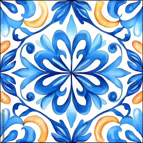 Watercolor artwork, blue and yellow azulejos tile Traditional Portuguese Mosaic