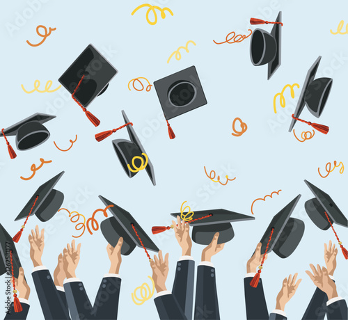 graduation university celebration illustration graduate cap Graduates throwing bachelor hats in the air. Flat design, vector illustration