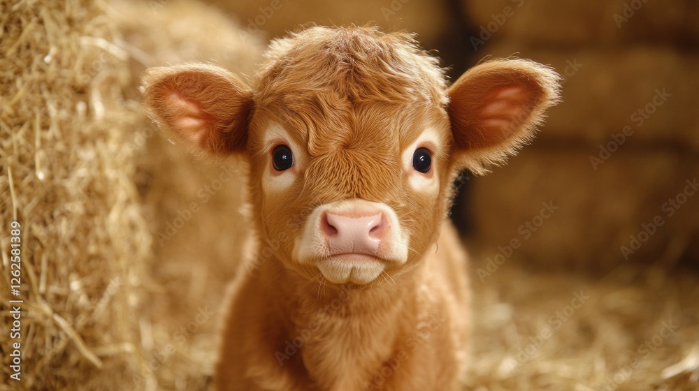 A close-up of a young calf with large, inquisitive eyes is seen standing in a barn. Hay bales are arranged in the background, contributing to the farm atmosphere.