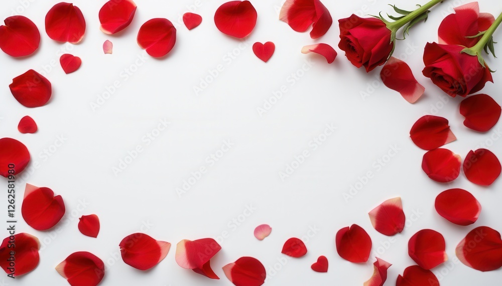 Red Rose with Petals Scattered on a White Background Red Rose with Petals Scattered on a White Background