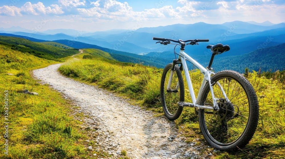 Obraz premium A scenic mountain biking trail winding through lush green hills under a bright blue sky.