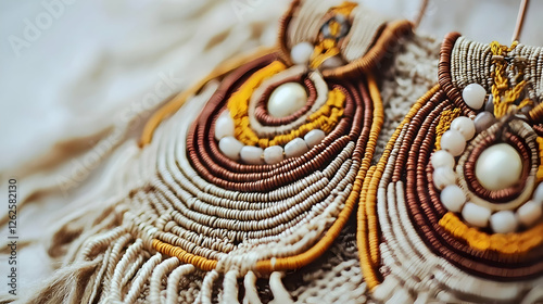 Close-up of handmade beige and orange earrings with beads, textile background; perfect for jewelry websites or fashion blogs