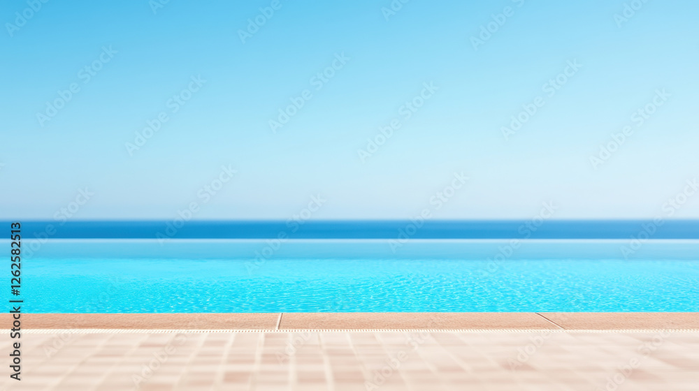 Fototapeta premium serene outdoor swimming pool with clear blue sky and ocean view, perfect for relaxation and leisure. tranquil atmosphere invites you to unwind and enjoy beauty of nature