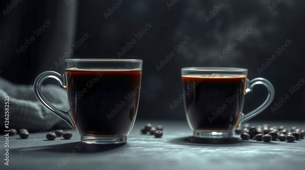 Two cups of coffee with steam rising from them Two cups of coffee with steam rising from them