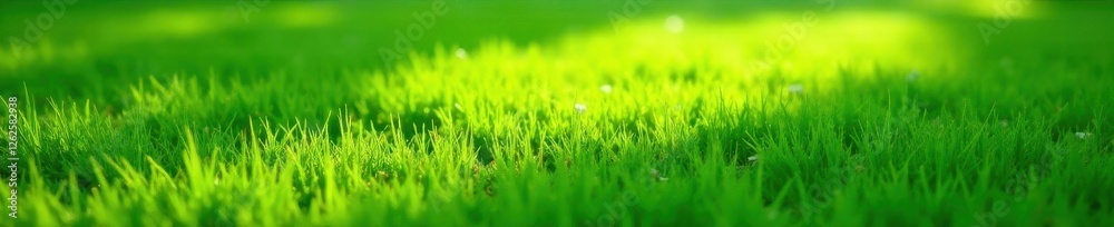 Deep green grass carpet, sunlight dappled surface, nature, leaves, texture