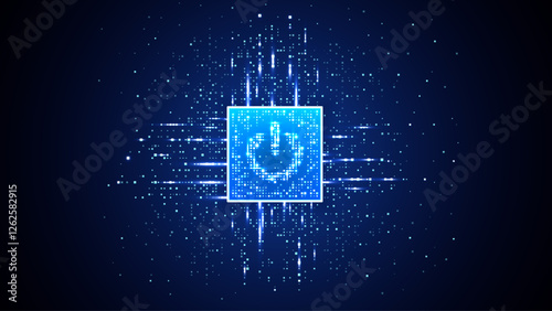 Light blue glowing ON power button on bright semiconductor. Data flow light elements on circuit board. Technology background. AI tech bg. Artificial Intelligence concept. Digital vector illustration.