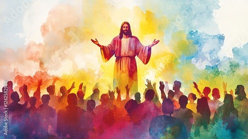 Watercolor artwork of Jesus Christ preaching to a crowd of devout followers