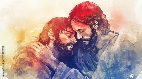 Serene Depiction of Jesus Christ Providing Comfort to a Grieving Individual in a Watercolor Painting