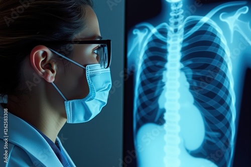 Healthcare Professional Analyzing X-Ray of Human Chest in Medical Environment with Focus on Lungs and Spine, Highlighting Importance of Radiology and Diagnostics
