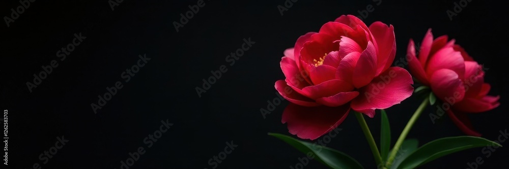 Deep red peonies against stark black backdrop, plant, bud, petals Deep red peonies against stark black backdrop, plant, bud, petals