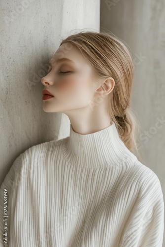 White sweater in high neck style, model facing right with blonde hair and closed eyes, leaning against wall in an indoor environment, showcasing soft lighting and natural tones. Quiet luxury concept.